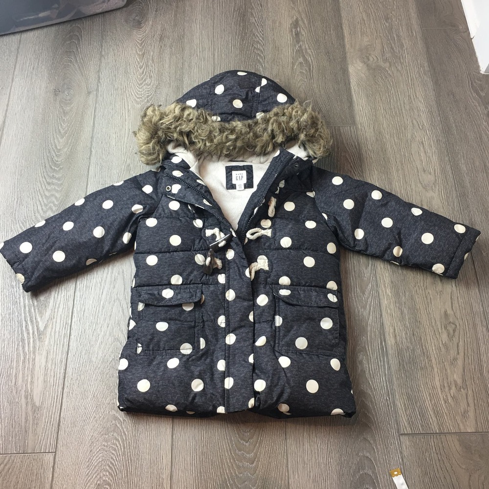Baby Gap Polka Dots Faux Fur Hood Puffer Duffle Parka Jacket Black 3 Years